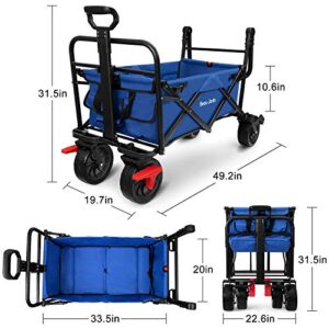 BEAU JARDIN Folding Beach Wagon Cart with Brake Free Standing Collapsible Utility Camping Grocery Canvas Fabric Portable Rolling Buggies Outdoor Garden Sport Heavy Duty Shopping Push Blue BG237
