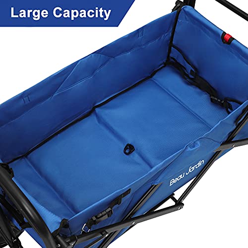 BEAU JARDIN Folding Beach Wagon Cart with Brake Free Standing Collapsible Utility Camping Grocery Canvas Fabric Portable Rolling Buggies Outdoor Garden Sport Heavy Duty Shopping Push Blue BG237