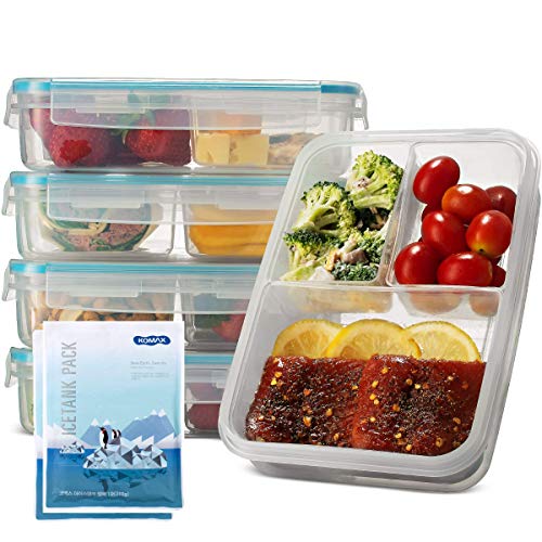 Komax Biokips Set of 5 Lunch Containers – 3 Compartment Food Container for Meal Prep, Portion Control – Microwave & Dishwasher Safe Bento Box Adult Lunch Container w/Locking Lid (37 oz)