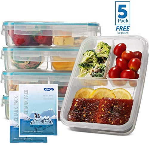 Komax Biokips Set of 5 Lunch Containers – 3 Compartment Food Container for Meal Prep, Portion Control – Microwave & Dishwasher Safe Bento Box Adult Lunch Container w/Locking Lid (37 oz)