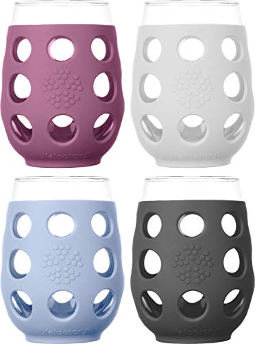 Lifefactory Wine Glass with Protective Silicone Sleeve, 4 Count (Pack of 1), Carbon, Optic White, Periwinkle, Wisteria