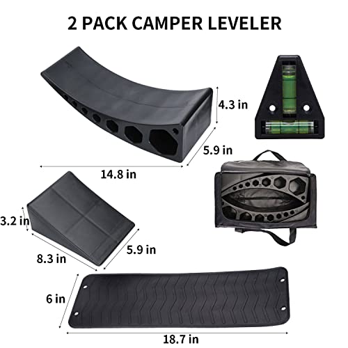 Homeon Wheels 2 Pack Camper Leveler Two Curved Levelers Two Blocks Two Non-Slip Mats One T Level for Trailers Campers, 35,000 lb Heavy Duty Leveler Tire Chocks for RV Camper Trailer Truck Motorhome