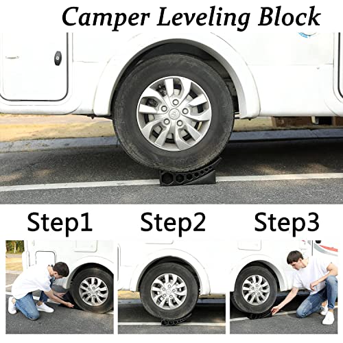 Homeon Wheels 2 Pack Camper Leveler Two Curved Levelers Two Blocks Two Non-Slip Mats One T Level for Trailers Campers, 35,000 lb Heavy Duty Leveler Tire Chocks for RV Camper Trailer Truck Motorhome