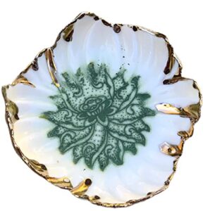 green lotus flower ring dish with gold rim, handmade ceramic trinket dishes, jewelry gifts for women and men -stock photo, please read description