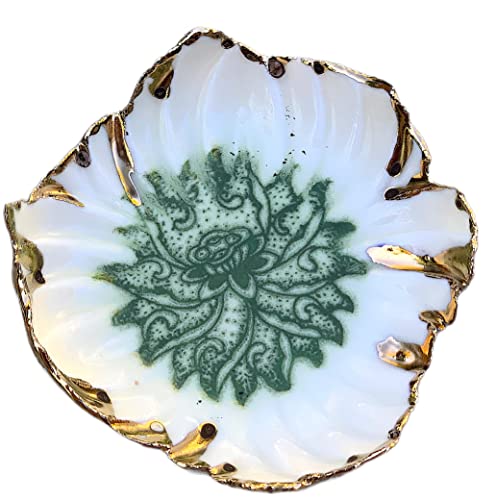 Green Lotus Flower Ring Dish with Gold Rim, Handmade Ceramic Trinket Dishes, Jewelry Gifts for Women and Men -stock photo, please read description