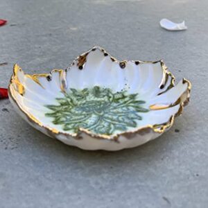 Green Lotus Flower Ring Dish with Gold Rim, Handmade Ceramic Trinket Dishes, Jewelry Gifts for Women and Men -stock photo, please read description