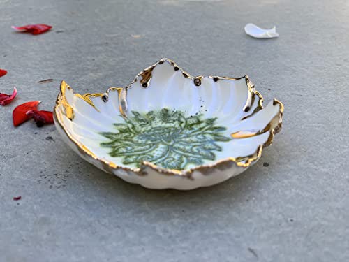 Green Lotus Flower Ring Dish with Gold Rim, Handmade Ceramic Trinket Dishes, Jewelry Gifts for Women and Men -stock photo, please read description