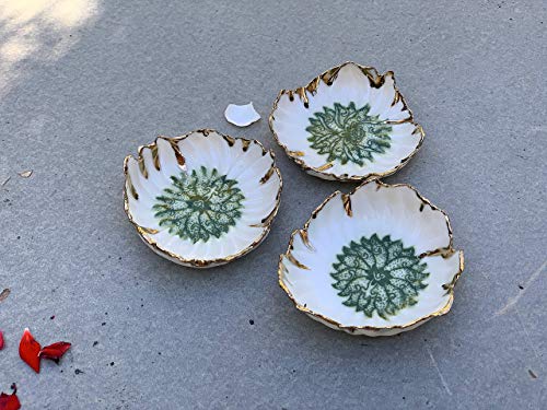 Green Lotus Flower Ring Dish with Gold Rim, Handmade Ceramic Trinket Dishes, Jewelry Gifts for Women and Men -stock photo, please read description