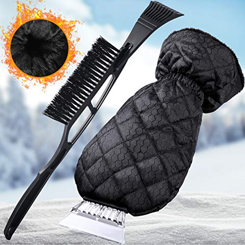 Frienda 2 Pieces Ice Scraper Mitt Snow Waterproof Remover and Black Snow Brush with Windshield Ice Snow Frost Scrapers for Car Roof Bumpers Windshield