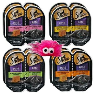 sheba perfect portions premium cat food pate 4 flavor 8 can variety with toy sampler bundle, (2) each: salmon, chicken tuna, turkey, chicken (2.6 ounces)