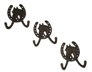 tlt rustic horse-n-horseshoe cast iron decorative dbl. wall hook (set of 3)