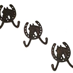 TLT Rustic Horse-N-Horseshoe Cast Iron Decorative Dbl. Wall Hook (Set of 3)