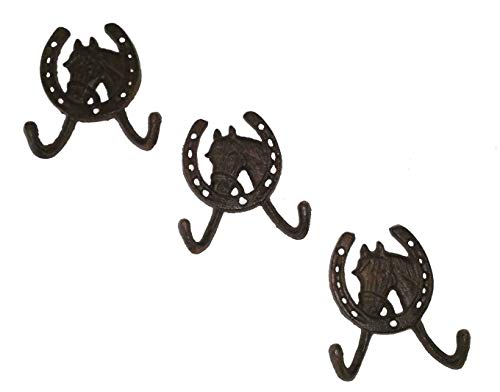 TLT Rustic Horse-N-Horseshoe Cast Iron Decorative Dbl. Wall Hook (Set of 3)