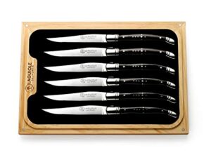 laguiole california steak knives - 6 piece blackwood set - ergonomic handles - stored in a california oakwood gift box - extremely sharp straight steel blades are thick gauge, full tang