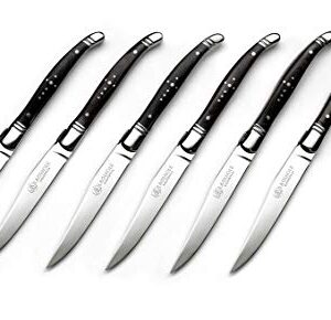 Laguiole California Steak Knives - 6 Piece Blackwood Set - Ergonomic Handles - Stored in a California Oakwood Gift Box - Extremely Sharp Straight Steel Blades are Thick Gauge, Full Tang