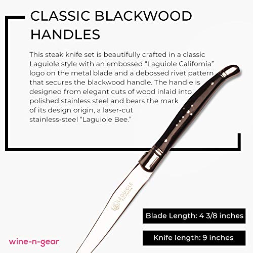 Laguiole California Steak Knives - 6 Piece Blackwood Set - Ergonomic Handles - Stored in a California Oakwood Gift Box - Extremely Sharp Straight Steel Blades are Thick Gauge, Full Tang