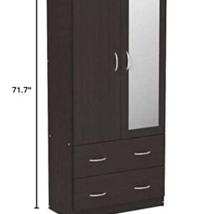 Hodedah Two Door Wardrobe with Two Drawers and Hanging Rod plus Mirror, Chocolate