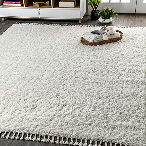 JONATHAN Y MCR100A-5 Mercer Shag Plush Tassel Indoor Area-Rug Bohemian Modern Contemporary Solid Easy-Cleaning Bedroom Kitchen Living Room, 5 X 8, White with Tassel