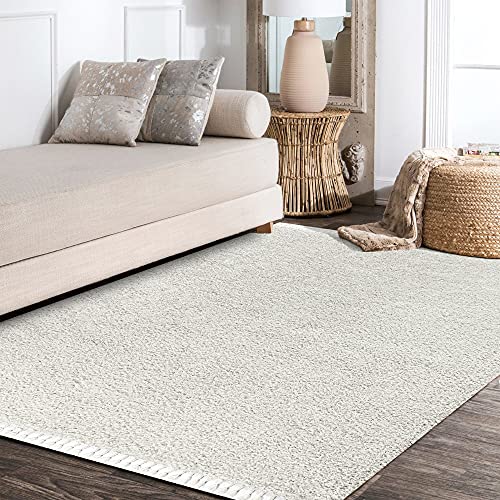 JONATHAN Y MCR100A-5 Mercer Shag Plush Tassel Indoor Area-Rug Bohemian Modern Contemporary Solid Easy-Cleaning Bedroom Kitchen Living Room, 5 X 8, White with Tassel