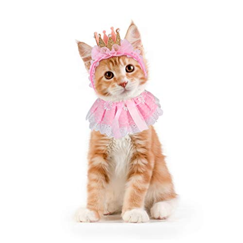 Legendog Cat Bandana for Cats, Princess Cat Costumes for Cats, Cute Lace Dog Bandanas and Cat Crown Accessories for Cats Small Dogs, Pink Outfit for Birthday Party