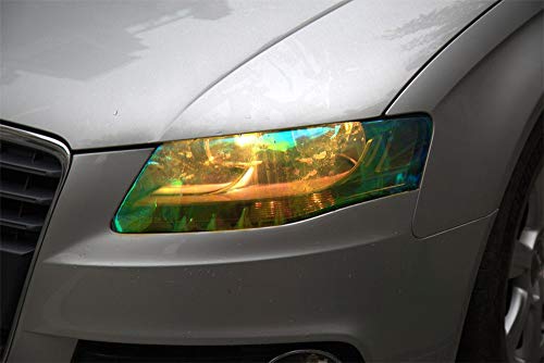 LED LIGHT 12 by 48 inches Self Adhesive Shiny Chameleon Headlights Tail Lights Fog Lights Films,Film Sheet Sticker,Tint Vinyl Film with Gift Knife and Hand Tool (Golden)