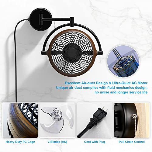 Parrot Uncle Wall Mount Fans Pull in Ceiling Fan with Folding Arm Cord with Plug, 10 Inch, Walnut Color