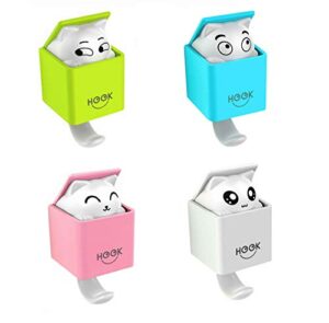 juhot cute cat wall hook, fun adhesive kids wall hooks for boy and girl room bedroom hanging towel, coat, hat, scarf, cloth, key, bag, belt, toy and more [4-pack]