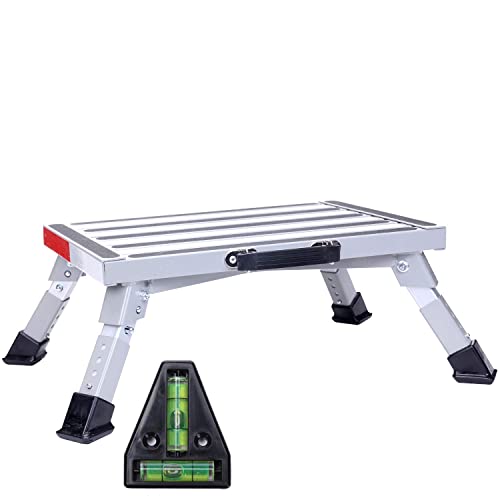 Homeon Wheels Safety RV Steps, Adjustable Height Folding Platform Step with Non-Slip Rubber Feet, Handle, Reflective Strips and T Level, 16.5" x 12.2" RV Step Stool, Supports Up to 1000lbs