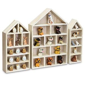 ikee design house-shaped wooden shadow cubby box display shelf organizer storage shadow box for mini figures, set of 3, wash white color, 10" w x 2 1/4" d x 15" h