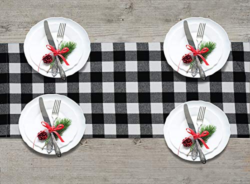 Senneny Buffalo Check Table Runner Cotton Black and White Plaid Classic Stylish Design for Family Dinner Christmas Holiday Birthday Party Table Home Decoration (White and Black, 14 x 72 Inch)