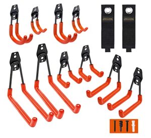 garage hooks, 12 pack wall storage hooks with 2 extension cord storage straps, heavy duty tool hangers for utility organizer, wall mount holders for garden lawn tools, ladders, bike (orange)