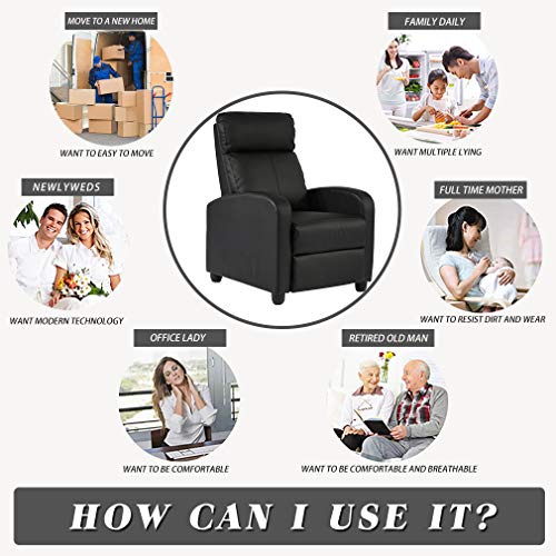 FDW Recliner Chair for Living Room Home Theater Seating Single Reclining Sofa Lounge with Padded Seat Backrest (Black)
