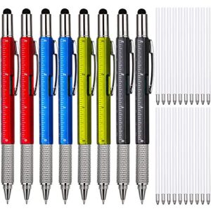 zhanmai 8 pcs gift pen for men 6 in 1 multitool tech tool pen screwdriver pen with ruler, levelgauge, ballpoint pen, pen refills (red, green, blue, gray)