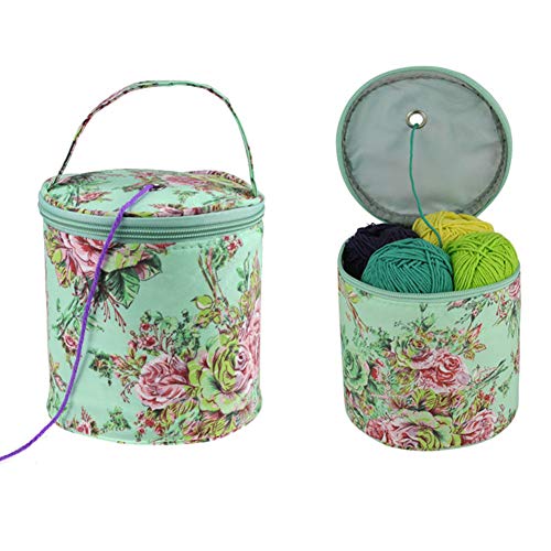 Katech Empty Yarn Bags Set 3 Pieces Green Knitting Bags Flower Pattern Large Capacity Yarn Round Storage Bag Organizer Travel Wrist Tote Bag for Holding Yarn Balls, Crochets Hooks and Knitting Kit