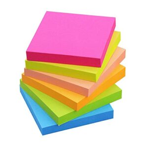 sticky notes 3x3, 6 color bright colorful sticky pad, 6 pads/pack, 100 sheets/pad, self-sticky note pads (yellow, green, blue, orange, pink, rose)