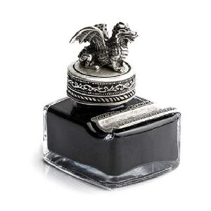 dragon glass inkwell with pewter cap & pen rest - black writing ink