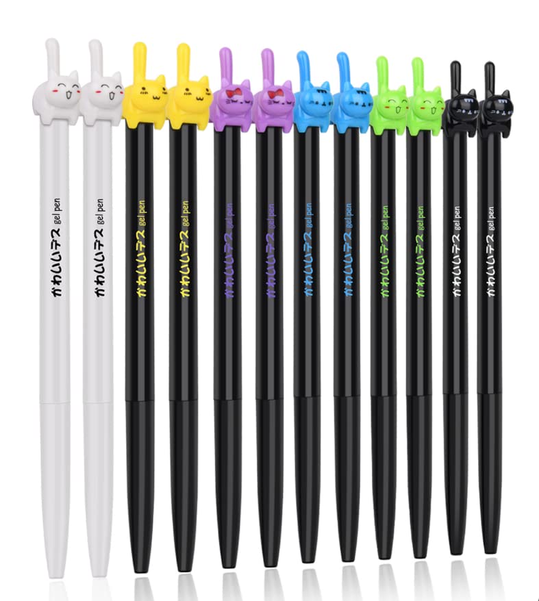 RECHENG retractable cat gel pens,Fine Point 0.5mm black ink,Cute kitty fun ball point pens for girls kids School Office Supplies,12pcs fun pens.