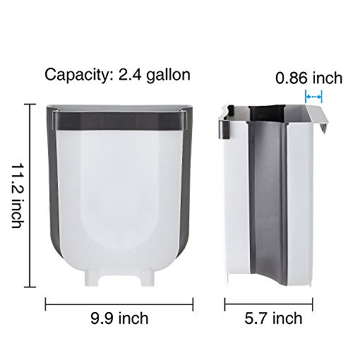 Subekyu Small Hanging Kitchen Trash Can, Collapsible Mini Garbage Bin for Cabinet/Car/Bedroom/Bathroom, Plastic, Grey, 2.4 Gallon
