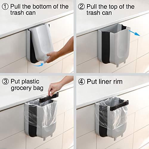 Subekyu Small Hanging Kitchen Trash Can, Collapsible Mini Garbage Bin for Cabinet/Car/Bedroom/Bathroom, Plastic, Grey, 2.4 Gallon