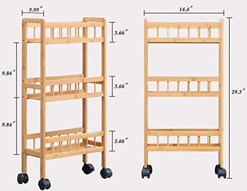 COPREE Bamboo 3-Tier Kitchen Removable Storage Cart, Slim Slide Out Rolling Pantry Shelf