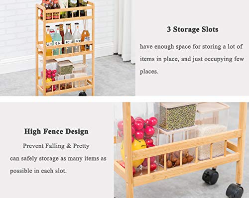 COPREE Bamboo 3-Tier Kitchen Removable Storage Cart, Slim Slide Out Rolling Pantry Shelf