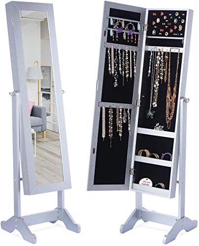 DECOMIL Jewelry Cabinet With Mirror, LED Lights, Jewelry Armoire Organizer with Mirror, Large Storage 57" Tall Mirrored Armoire Box, Modern, Pure White