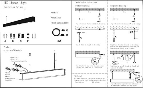 4FT Dimmable LED Linear Light Fixture with Plug,45W LED Office Light 0-10V Dimmable,LED Hanging Lights 4800 Lumens 5000K Daywhite,1.2m Mount Ceiling Light Fixtures for Workshop Market ETL 100-277V