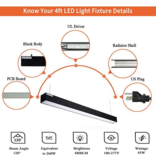 4FT Dimmable LED Linear Light Fixture with Plug,45W LED Office Light 0-10V Dimmable,LED Hanging Lights 4800 Lumens 5000K Daywhite,1.2m Mount Ceiling Light Fixtures for Workshop Market ETL 100-277V