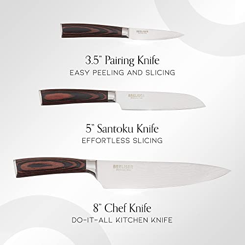 3-Piece Knives Set for Kitchen, Stainless Laser-Etched Damascus Knife Set With Professional Chef Knife, Santoku Knife, & Paring Knife, Kitchen Knifes In Luxury Wooden Box, Gifts for Chefs - Breliser