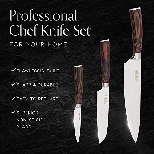 3-Piece Knives Set for Kitchen, Stainless Laser-Etched Damascus Knife Set With Professional Chef Knife, Santoku Knife, & Paring Knife, Kitchen Knifes In Luxury Wooden Box, Gifts for Chefs - Breliser