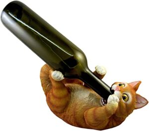 world of wonders orange tabby cat decorative wine bottle holder | wine bottle holder for cabinet | cat mom wine accessories | cat statues resin table top wine holders - 9"