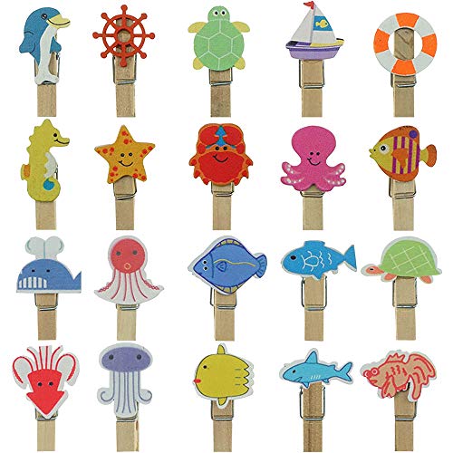 Mini Ocean Nautical Wooden Clothespins Sea Decorative Wood Peg Pin Craft Clips for Pictures Memo Card Photo with Jute Twine, 30 Counts by Shxstore