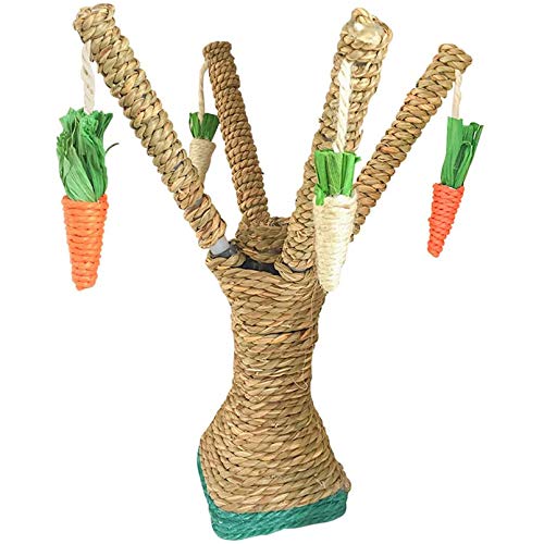 Hamiledyi Pet Bunny Fun Tree Rabbit Chew Toy Rattan Grass Scratcher Climbing Tree Play Carrot Toy for Small Animal