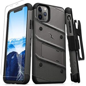 zizo bolt series iphone 11 pro case - heavy-duty military-grade drop protection w/kickstand included belt clip holster tempered glass lanyard - gun metal gray